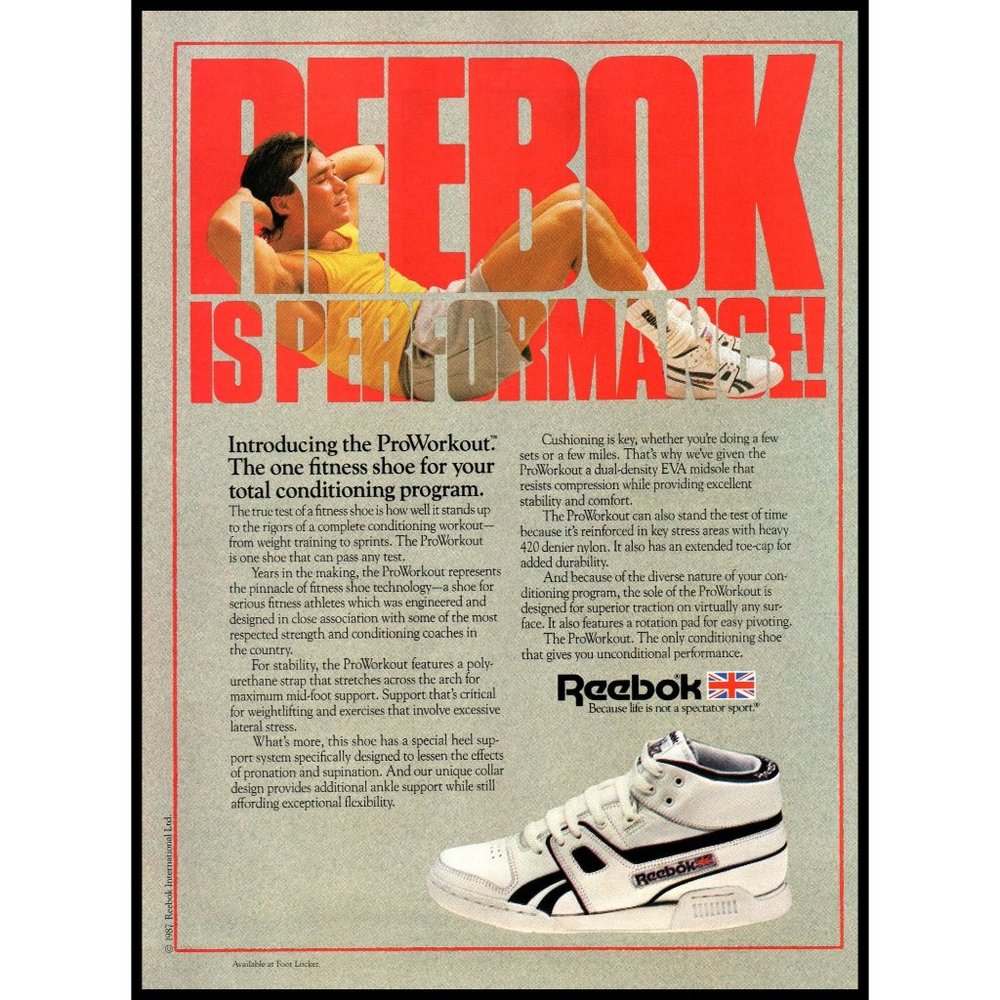 1987 Reebok ProWorkout Fitness Shoe Vintage Print Ad Sneaker Hightops Wall Art